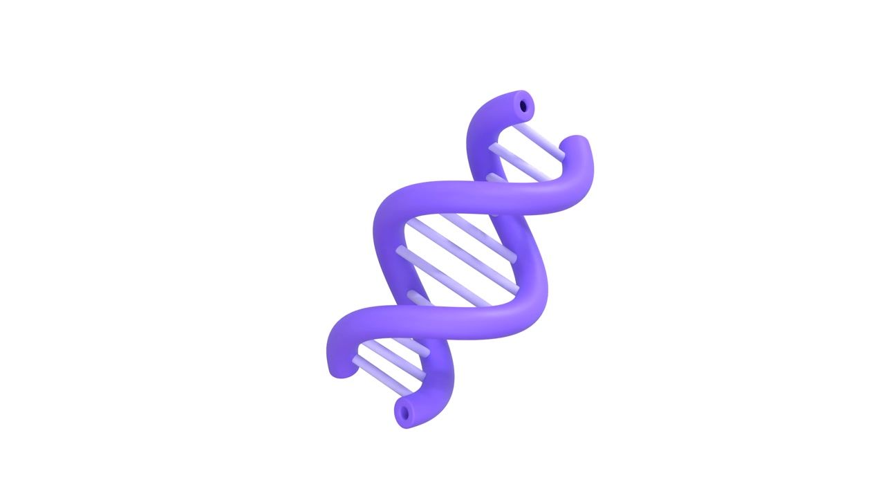 Struttura a doppia elica del DNA viola rotante su sfondo bianco