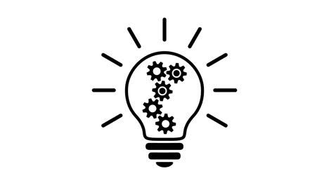 lamp bulb with 5 gears (cog wheels) rotating inside, turns on and off, black and white simple outline flat icon.