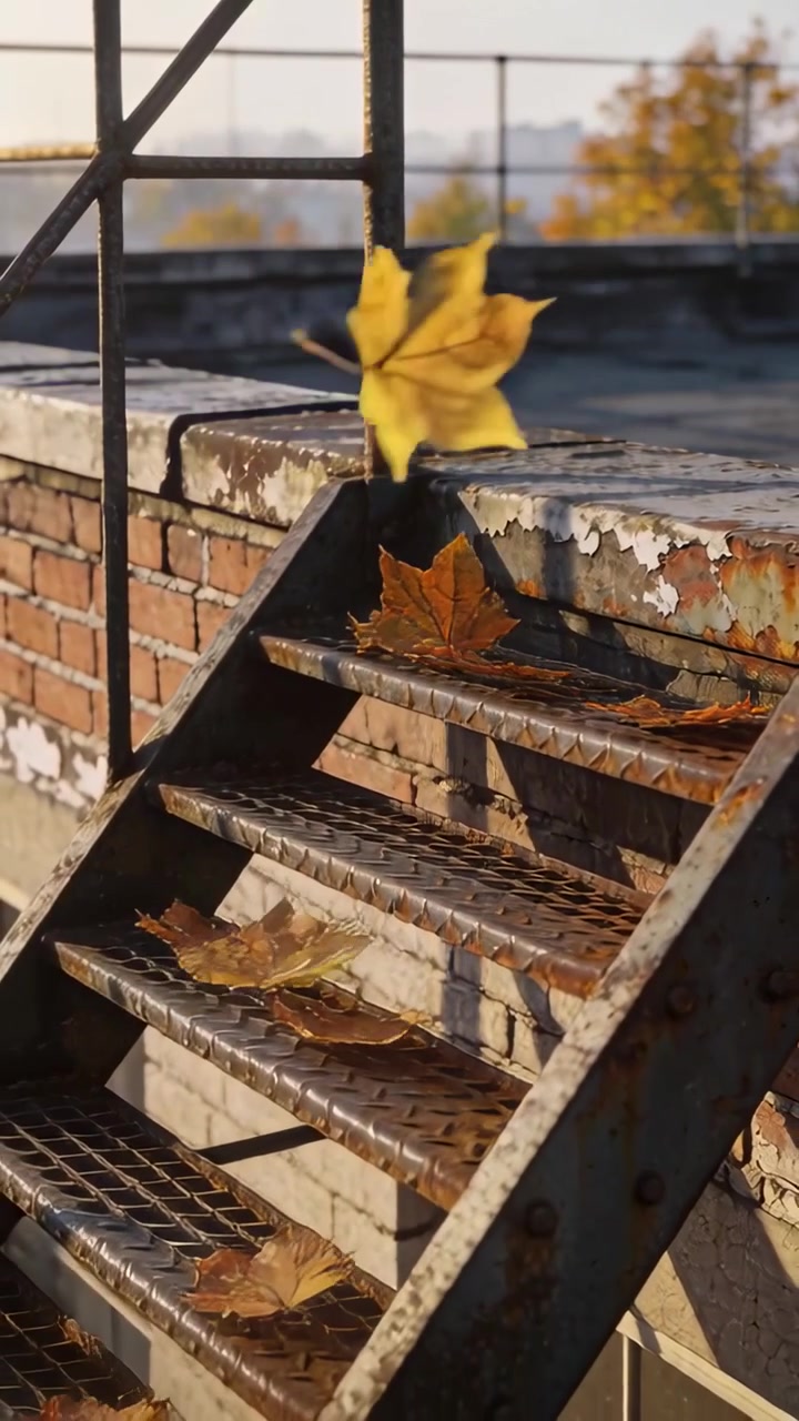 Vertical video: Breeze moving leaves onto metal grated staircase, settling near peeling parapet