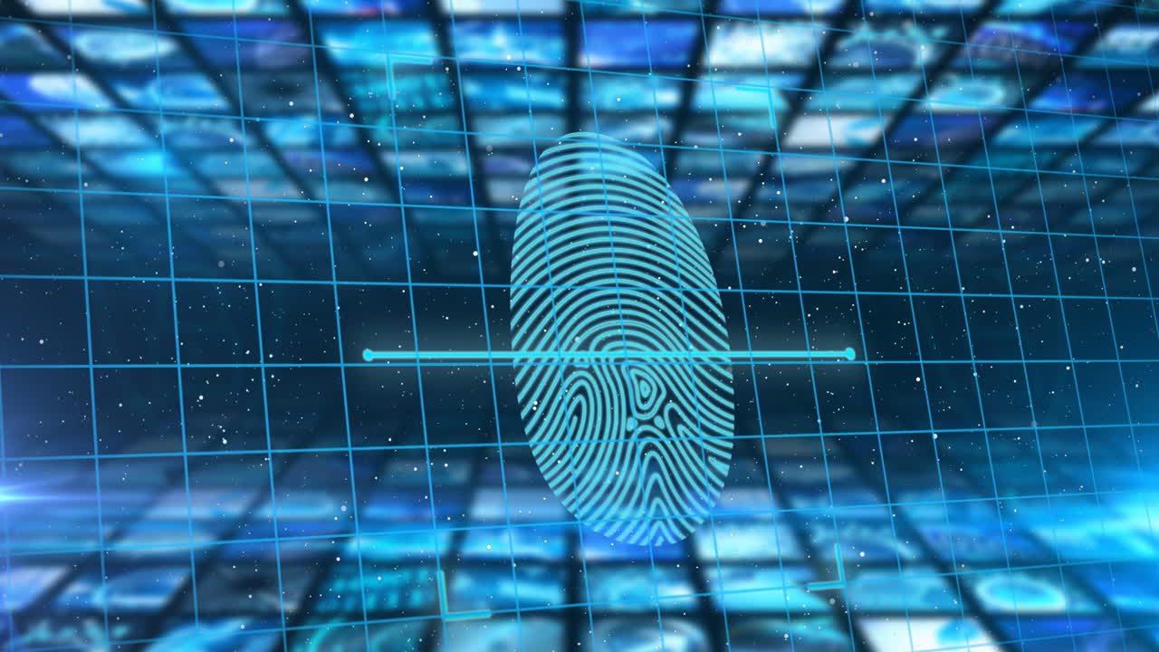 candado de seguridad y escáner biométrico de huellas dactilares a través de la red de red contra un fondo azul