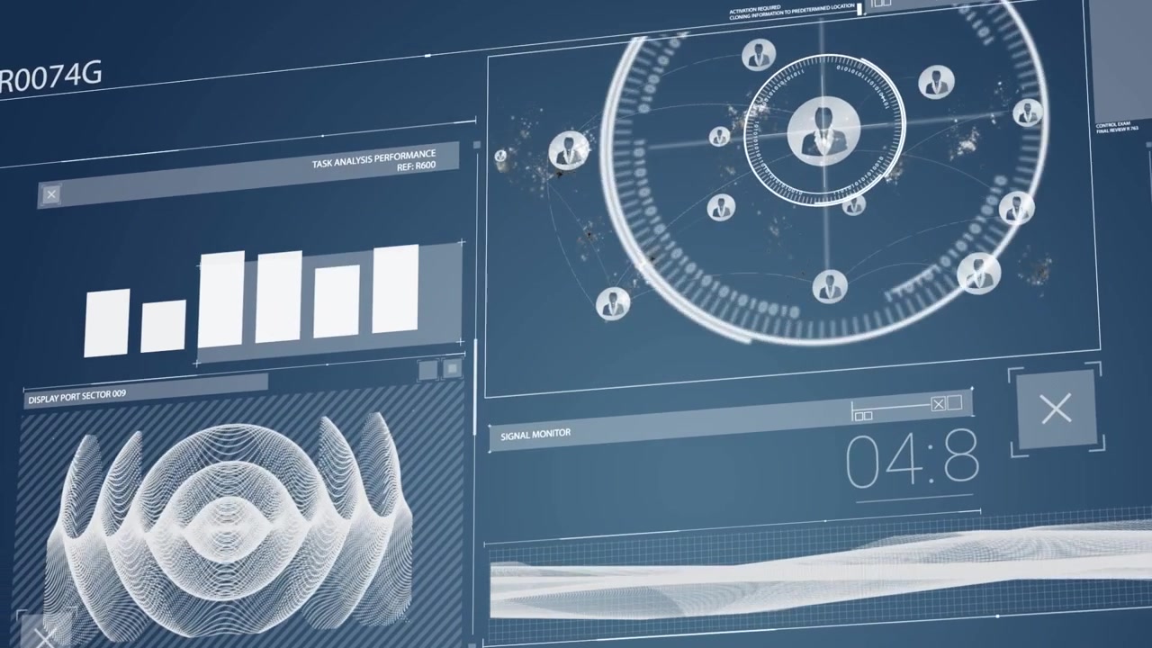 Animation of interface with data processing against blue background