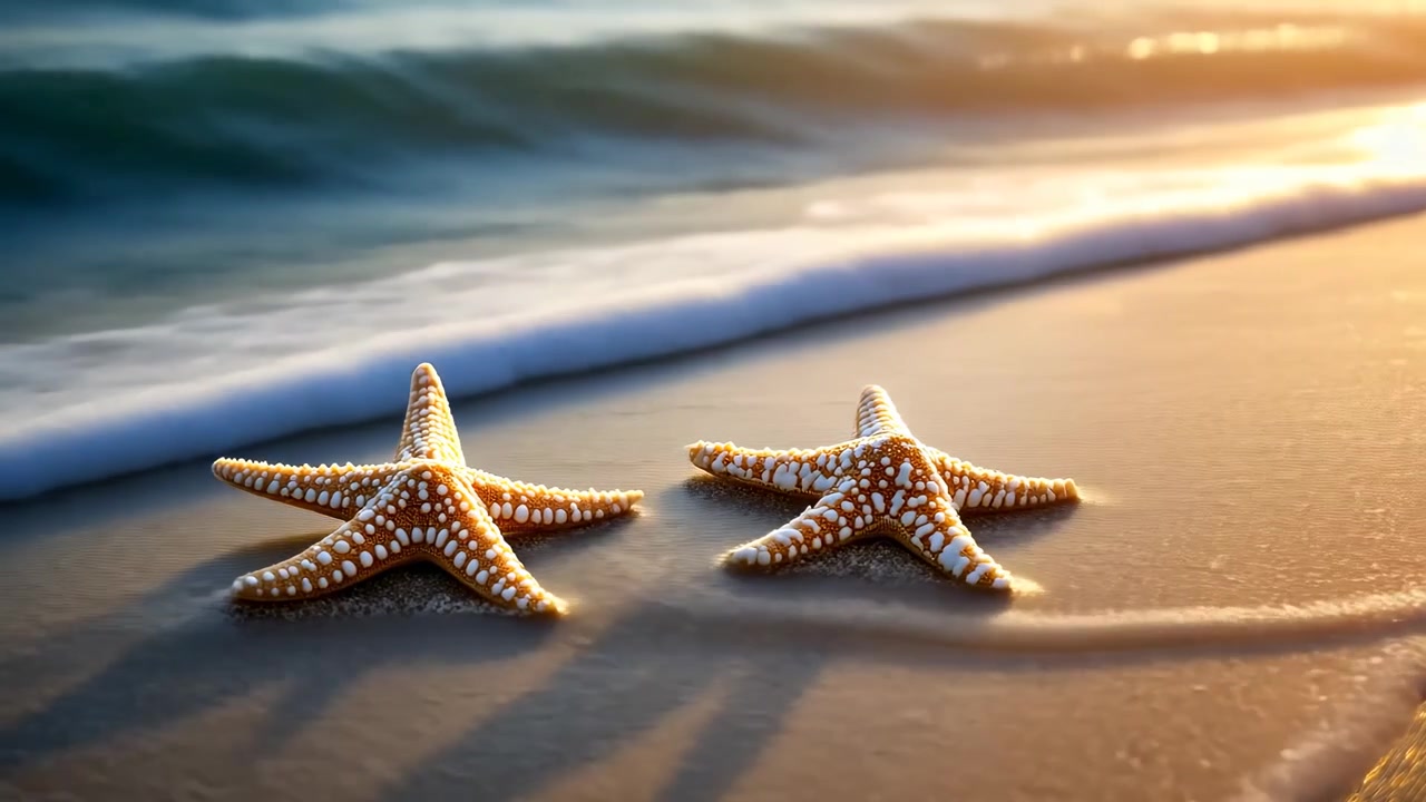 Two Starfish Resting on a Sandy Beach at Sunset
