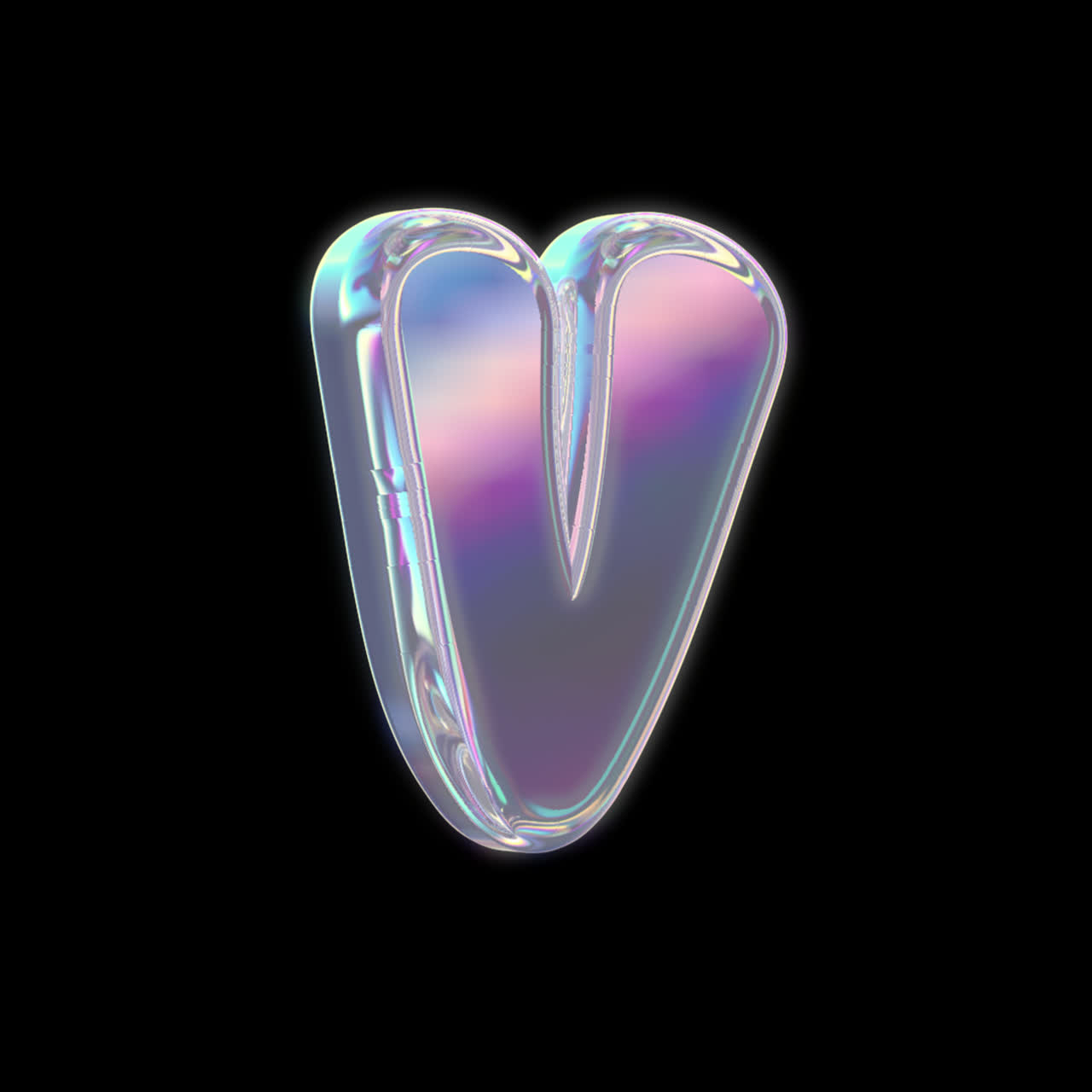 Draaiende, iriserende 3D-letter V op zwarte achtergrond