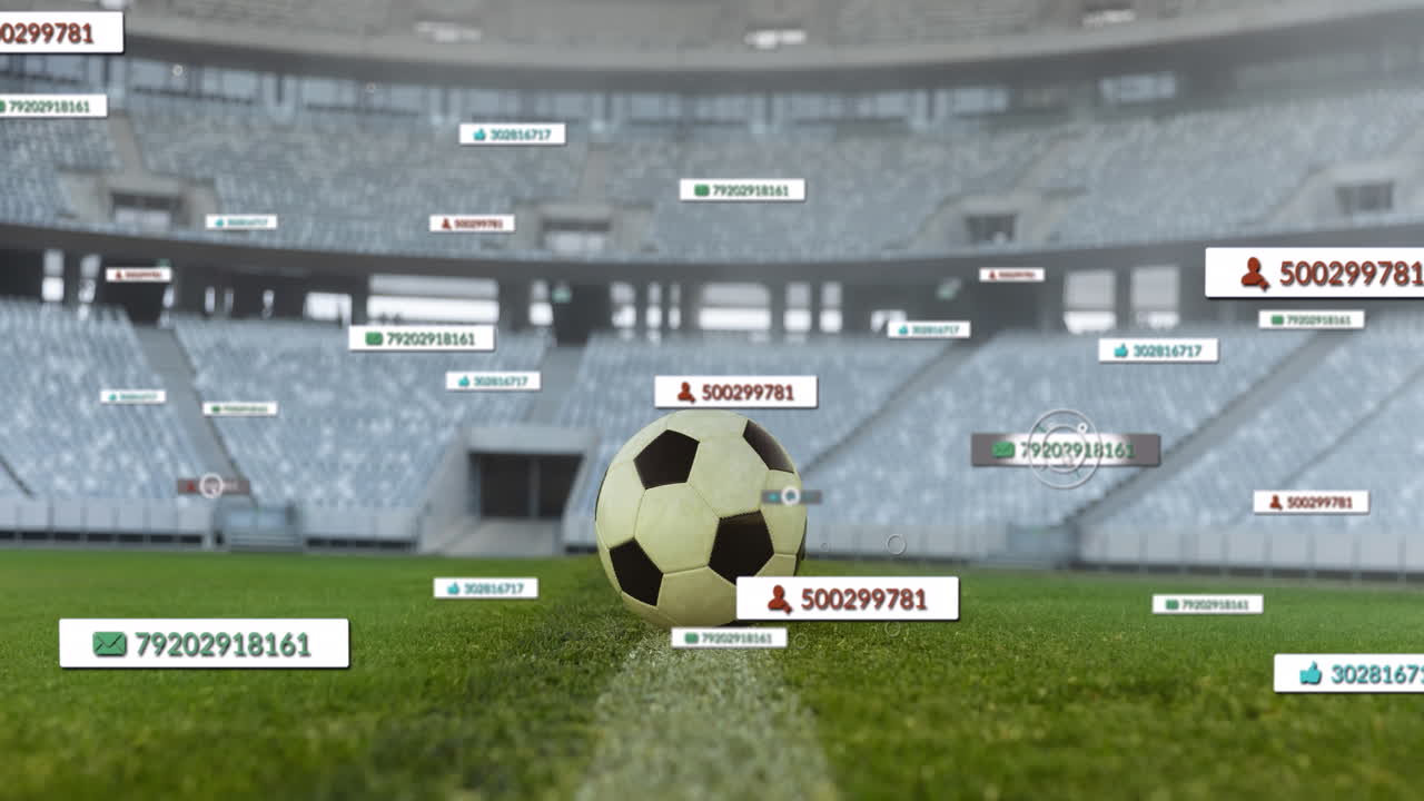 animación de iconos de las redes sociales en pancartas sobre el fútbol en el campo