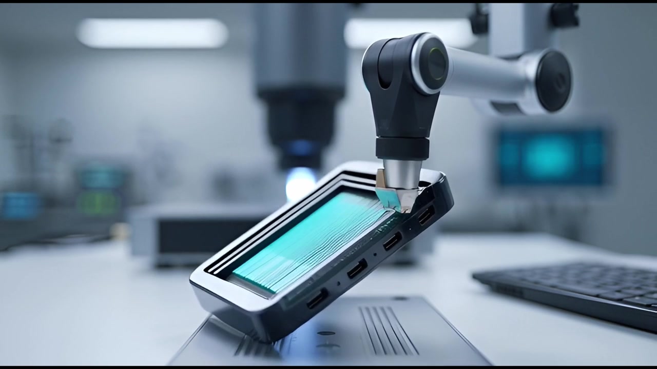 Braccio robotico che esegue lavori di precisione su un dispositivo elettronico in un laboratorio moderno