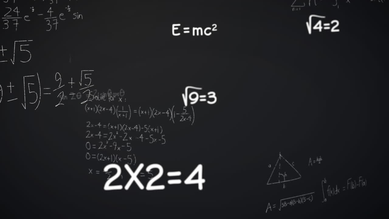 animación de ecuaciones, fórmulas y diagramas matemáticos flotando contra un fondo gris