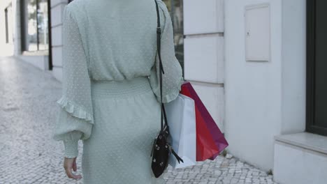 cropped view of woman walking along street with shopping bags