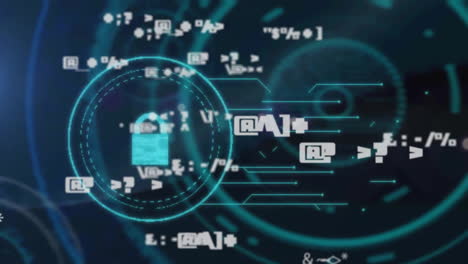 Animation-of-symbols,-padlock-in-circle-against-circular-tunnel-in-background