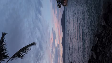 - puesta de sol vertical de colores rosa y púrpura en la playa tropical de la isla