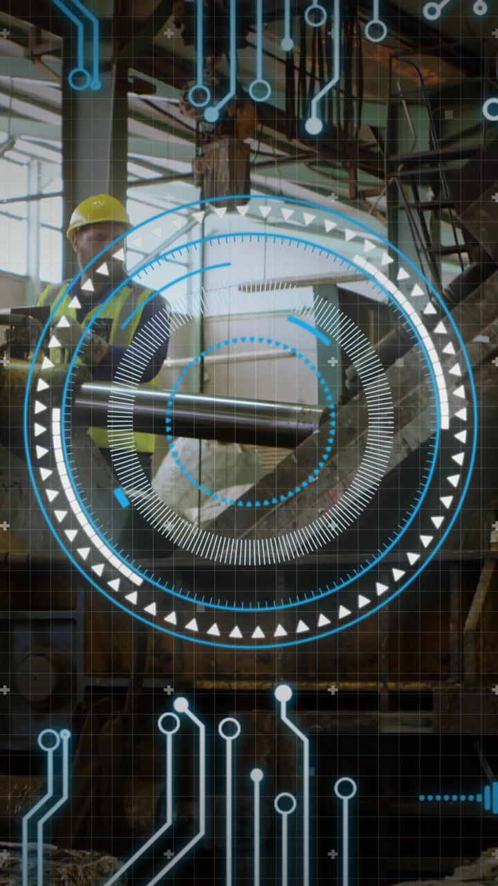 Animation ofcircuit board data processing over male worker in factory