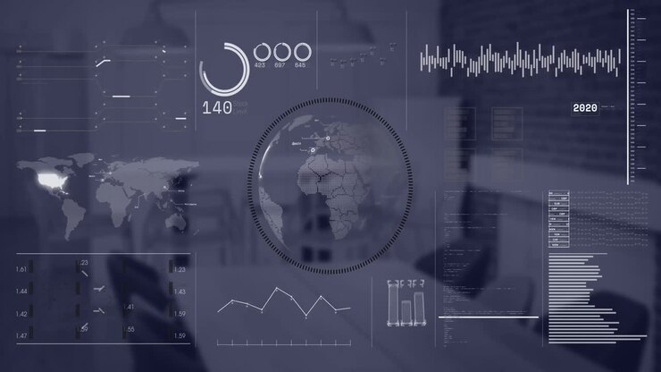Animation of interface with spinning globe and data processing over empty conference room at office