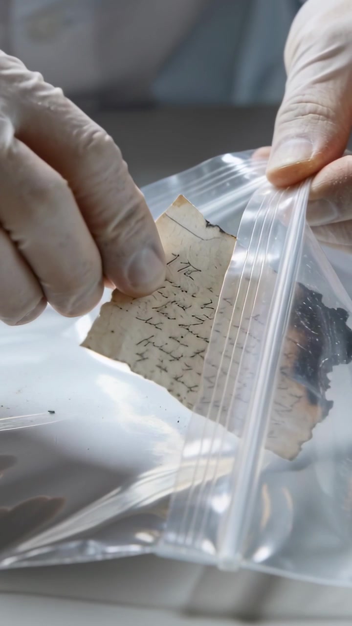 Vertical video: Lifting burnt cursive paper, gloved pro sliding into zipbag archiving at lab bench