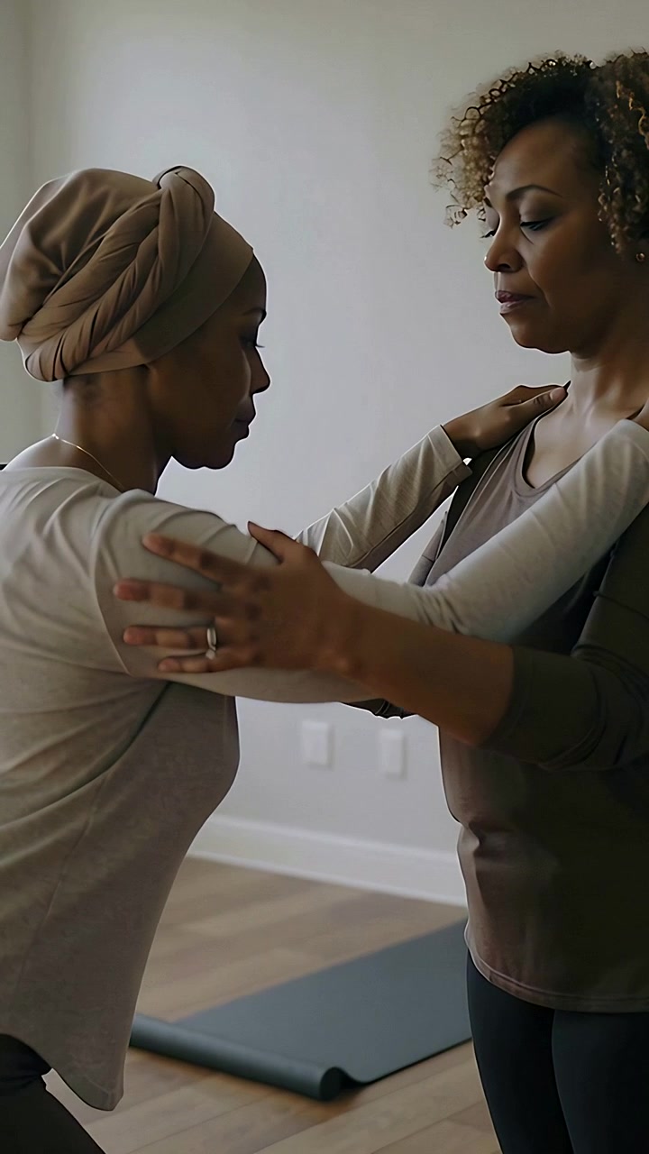 Vertical video: Raising arms, two women guiding partner stretch at home with yoga mat, headwrap