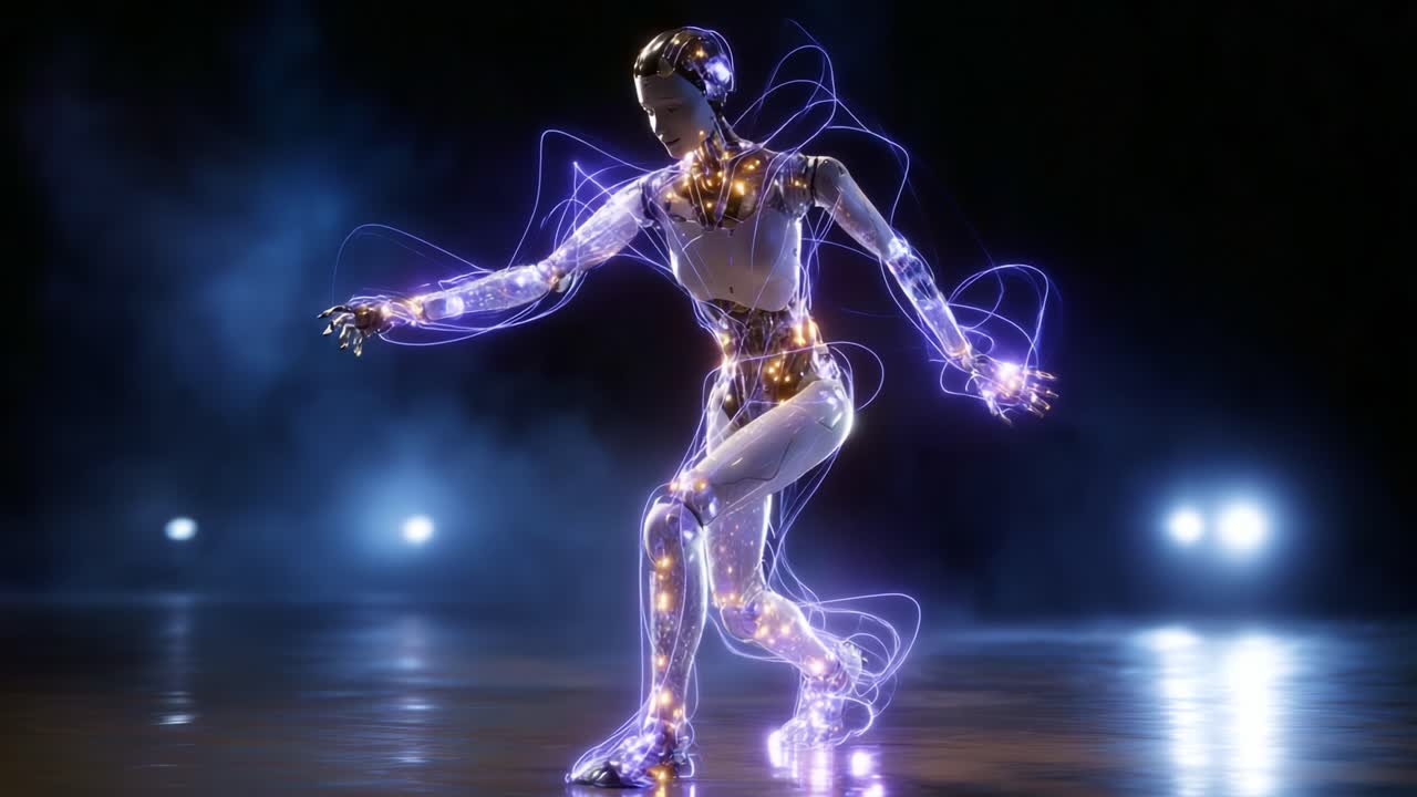A Futuristic Robotic Dancer Illuminated with Electric Lights and Motion Effects Captures the Essence of Advanced Technology and Creative Expression in Movement