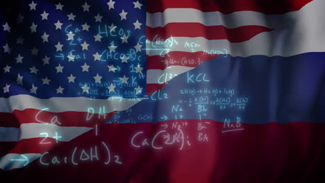 animation of mathematical data processing over flag of russia and united states of america