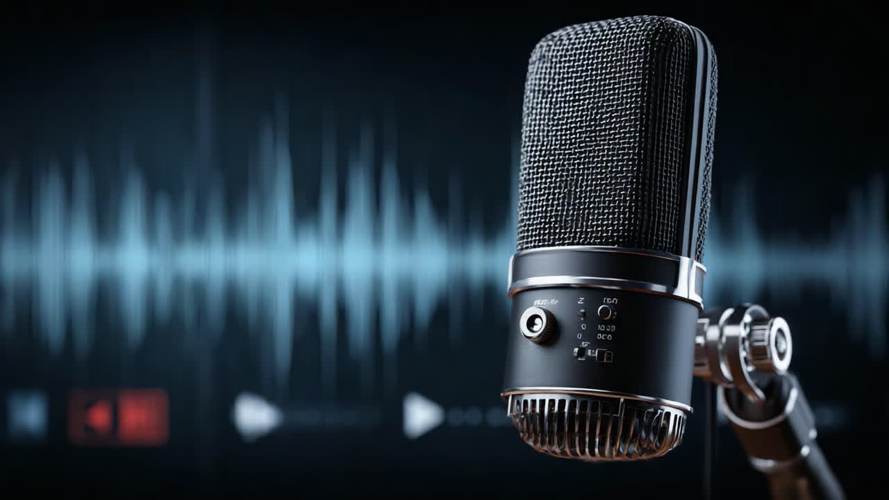 Captivating Close-Up of a Vintage Microphone Against a Dynamic Soundwave Background, Perfectly Illustrating Audio Recording Mastery and Studio Vibes
