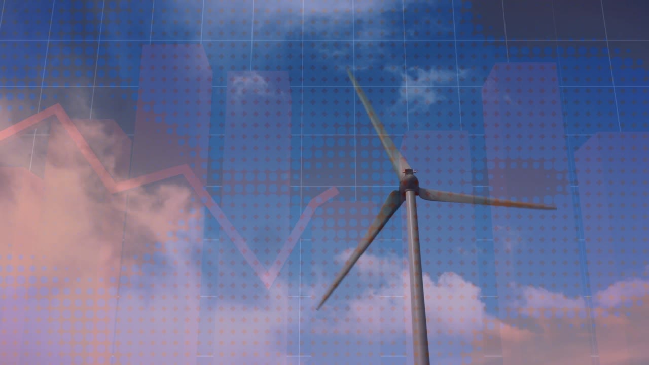 Animazione di dati e grafici su una turbina eolica in movimento contro un cielo nuvoloso.