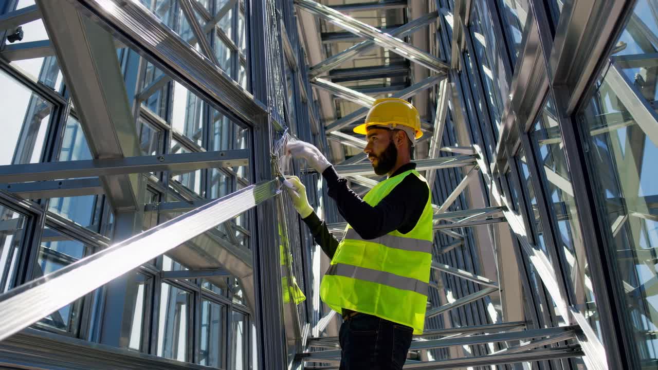 Low-angle video of a construction worker in a reflective vest and helmet, inspecting metal beams