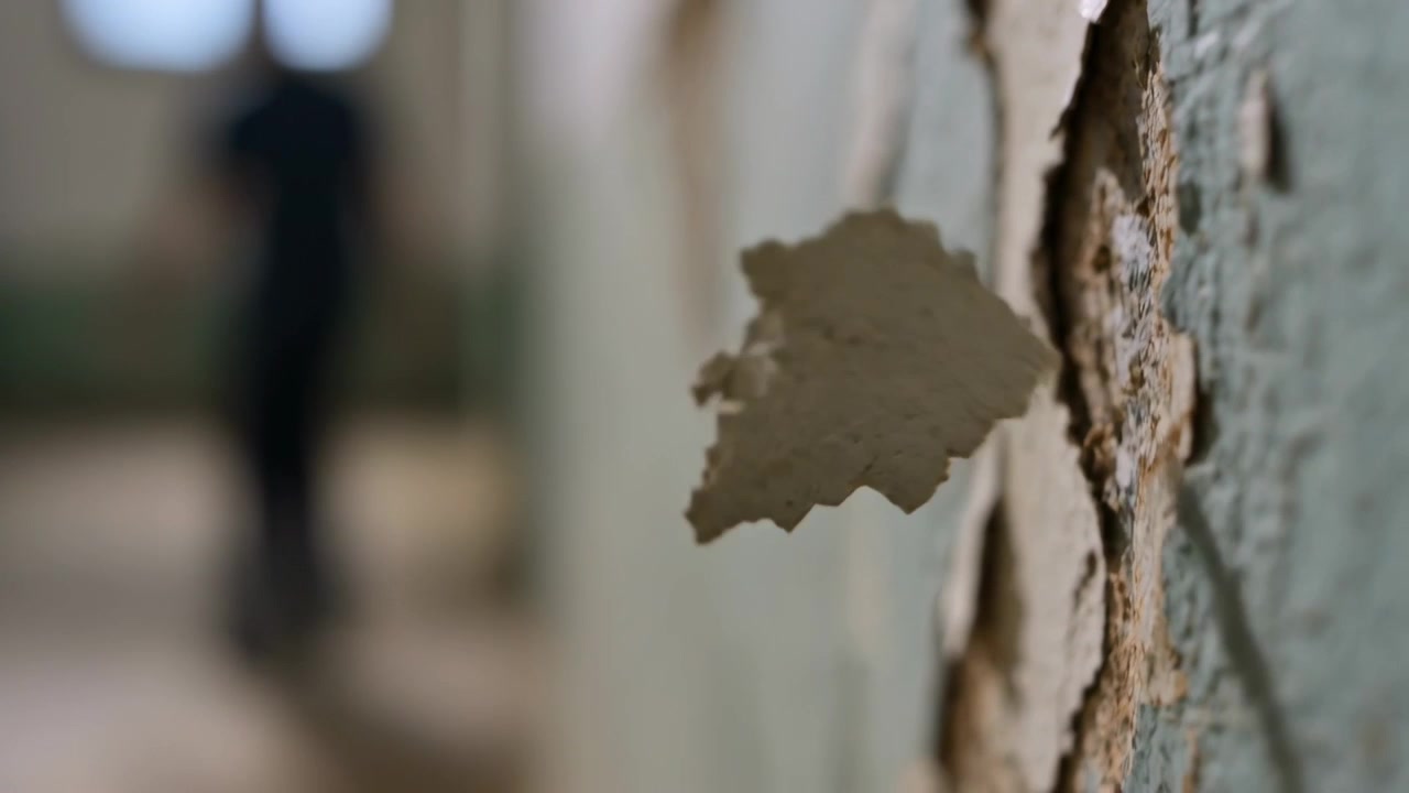 Showing peeling paint flake lifting off hall wall, man dark-clad walking causing drift, copy space