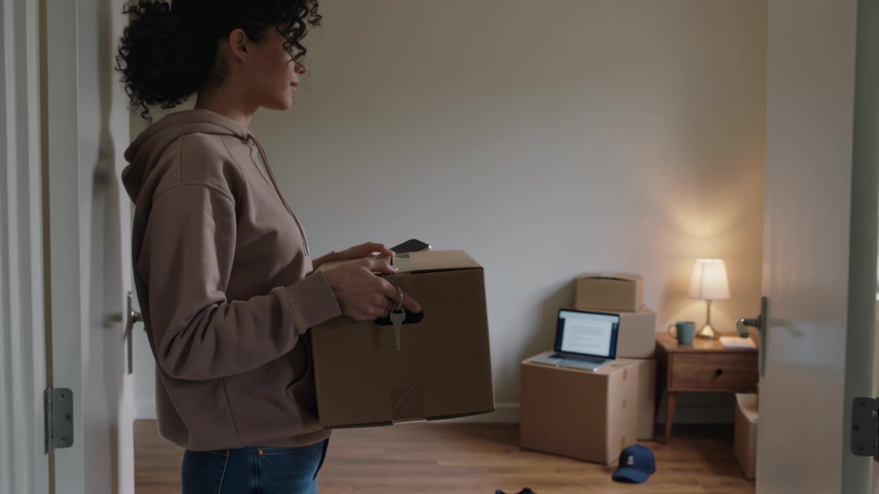 Opening door, woman in hoodie, jeans holding box, keys stepping into room moving in, copy space