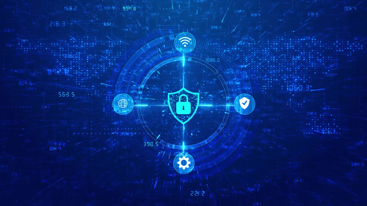 Digital protection shield interface visual with cyan lock symbol glowing icons fast data rays and