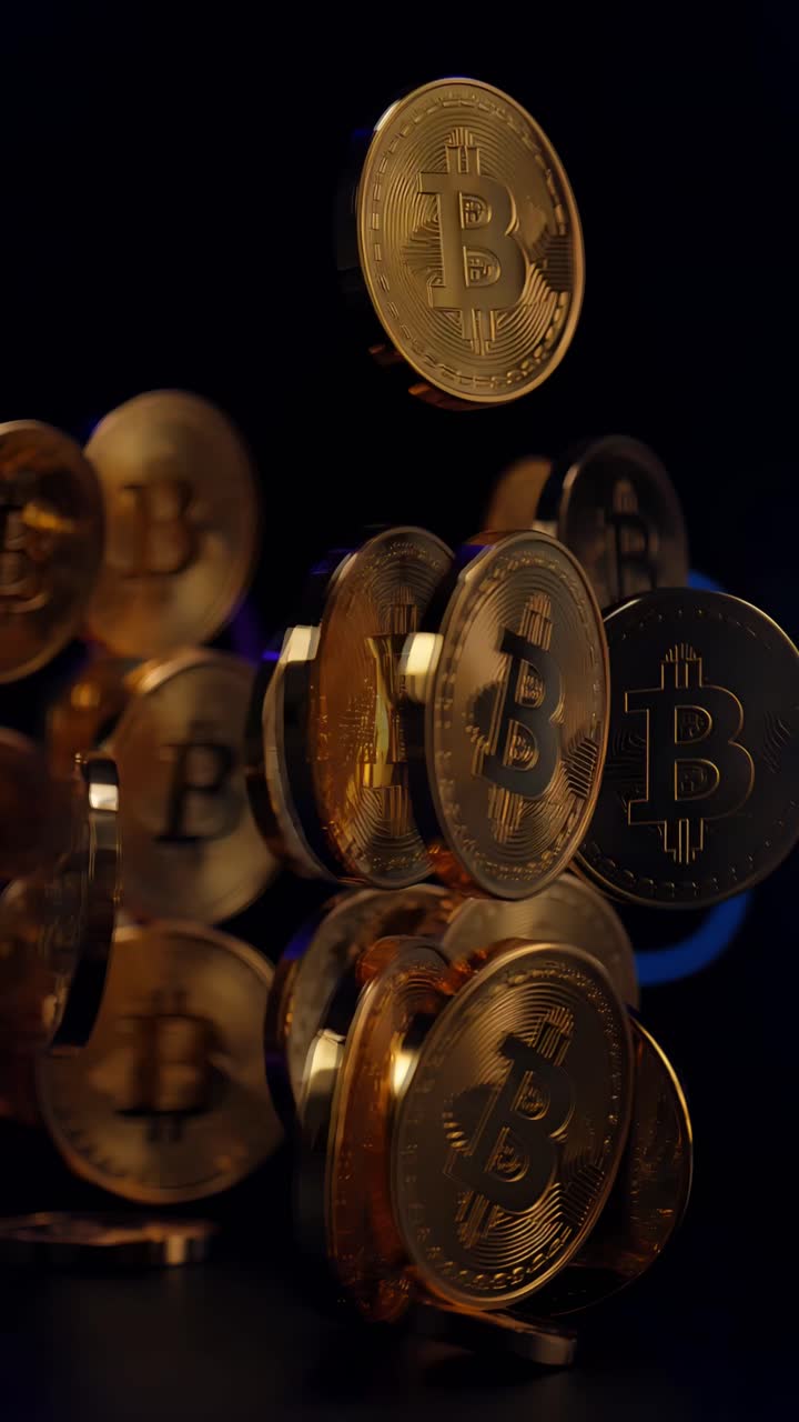 Animazione rotante di Bitcoin dorato su sfondo scuro, criptovaluta cinematografica 4K.