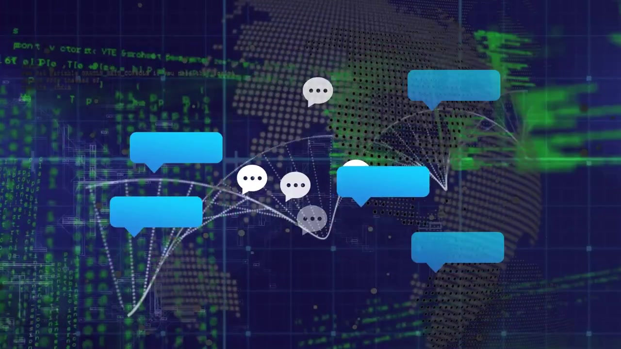 Animation of social media reactions and data processing over navy background
