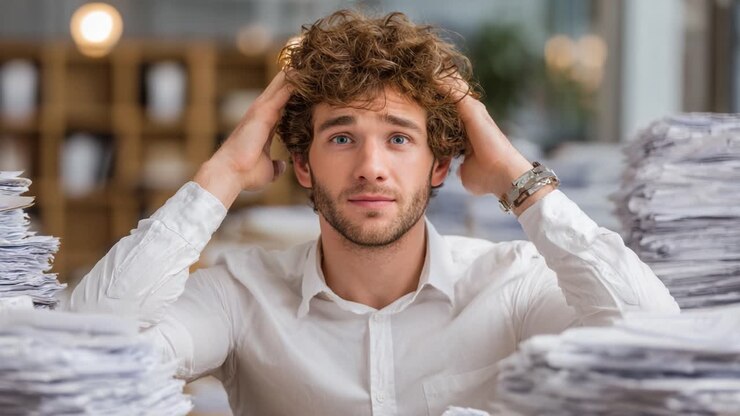 Giovane uomo stressato sopraffatto dalle pratiche burocratiche in un moderno ambiente d'ufficio, che esprime ansia e preoccupazione tra le pile di documenti