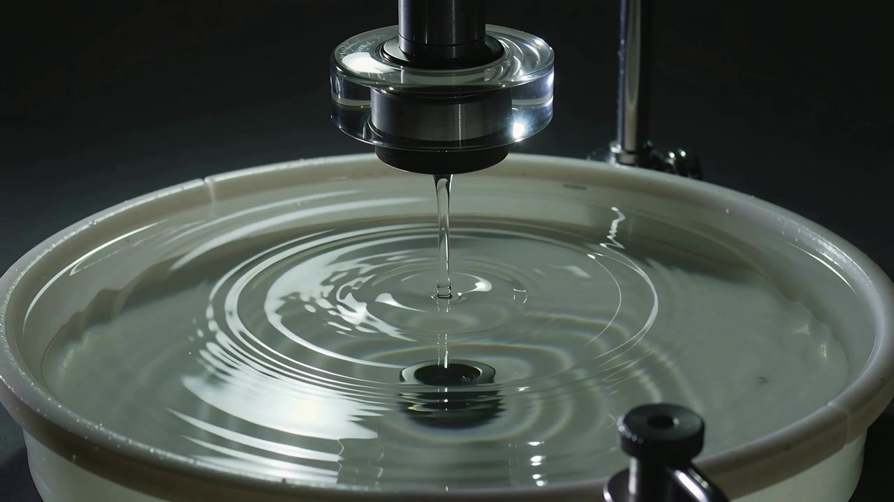Releasing droplets, precision nozzle creating ripples on lab bench for studying surface waves