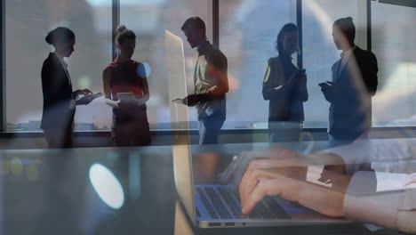 Animation-of-caucasian-businesswoman-using-laptop-over-people-at-office