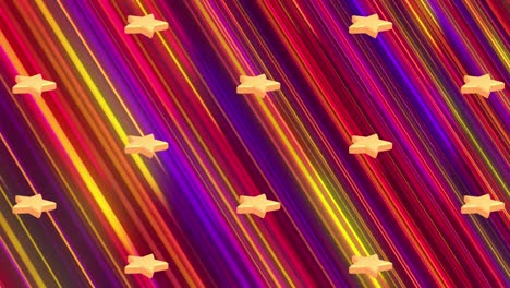 Animation-of-yellow-star-icons-repeated-over-colourful-light-trails-on-black-background