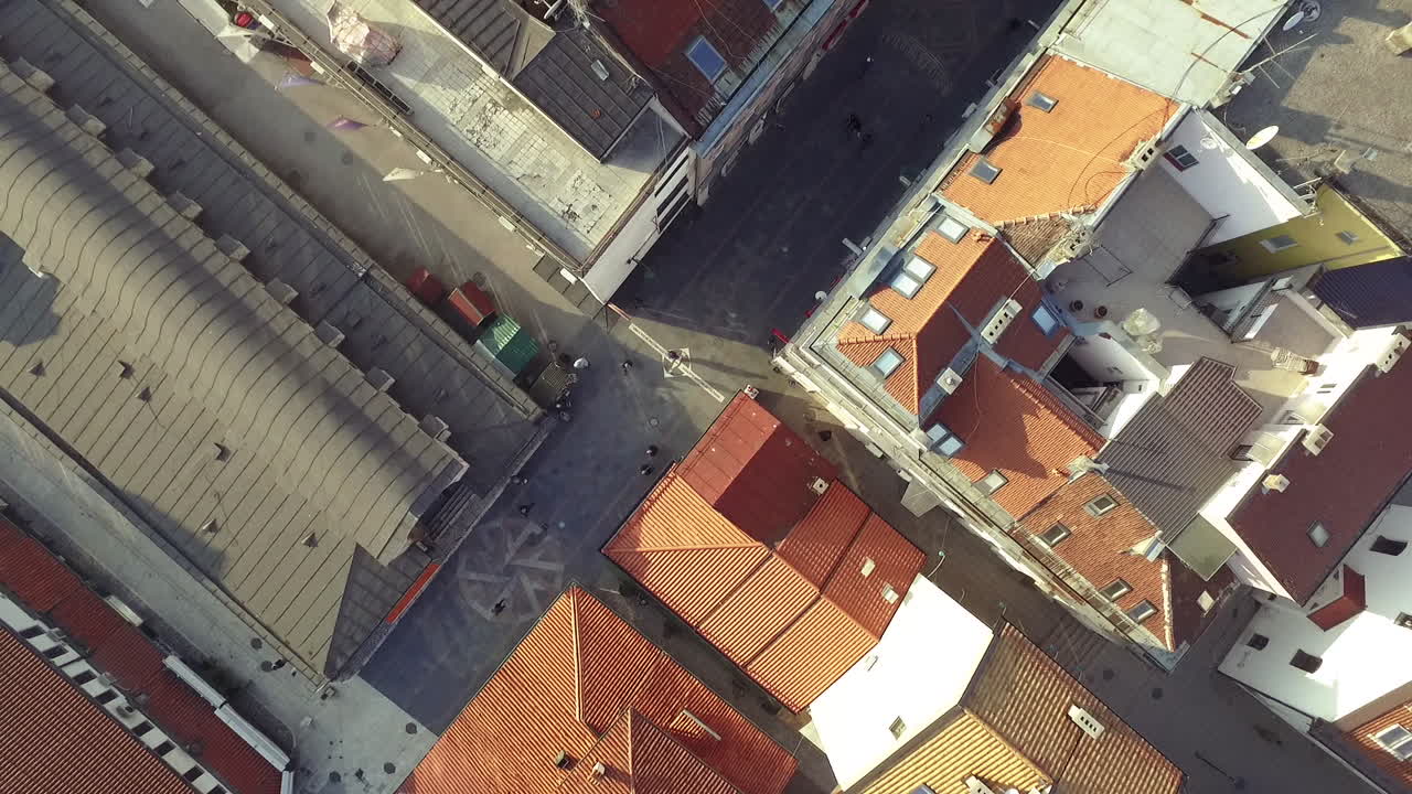 Aerial view of “Sarajevo meeting of cultures” written on the street of Sarajevo, Bosnia and Herzegovina