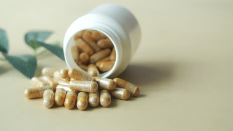 closeup of a bottle of brown capsules with green leaves