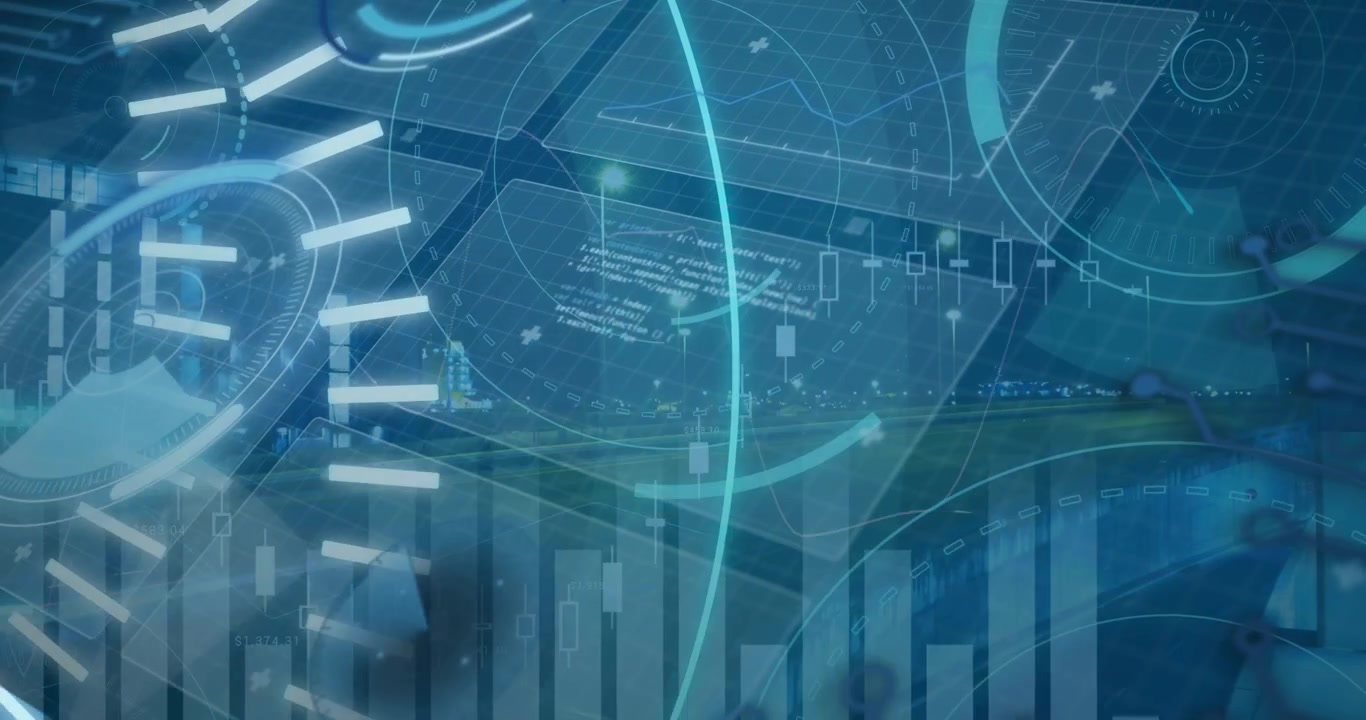 Animation of 5g text banner, round scanners and data processing against night city traffic