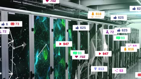 Animation-Von-Social-Media-Symbolen-Und-Zahlen-Auf-Bannern-über-Computerservern