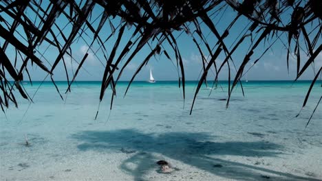 Segelyacht,-Gesehen-Durch-Eine-Dachkonstruktion-Aus-Getrockneten-Palmblättern-Mit-Einem-Palmenschatten-Im-Flachen,-Kristallklaren-Blauen-Wasser-Des-Südpazifiks