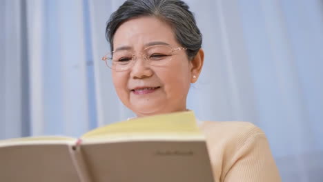 Mujer-Mayor-Feliz-Leyendo-Un-Libro-En-El-Sofá-De-La-Sala-De-Estar,-Entretenimiento-De-La-Vida-En-El-Hogar