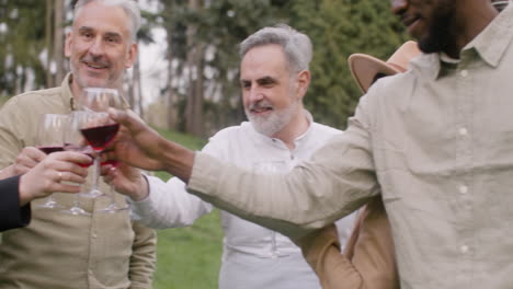 vista de cerca de un grupo de amigos de mediana edad parados en el parque y brindando con vino durante una fiesta al aire libre