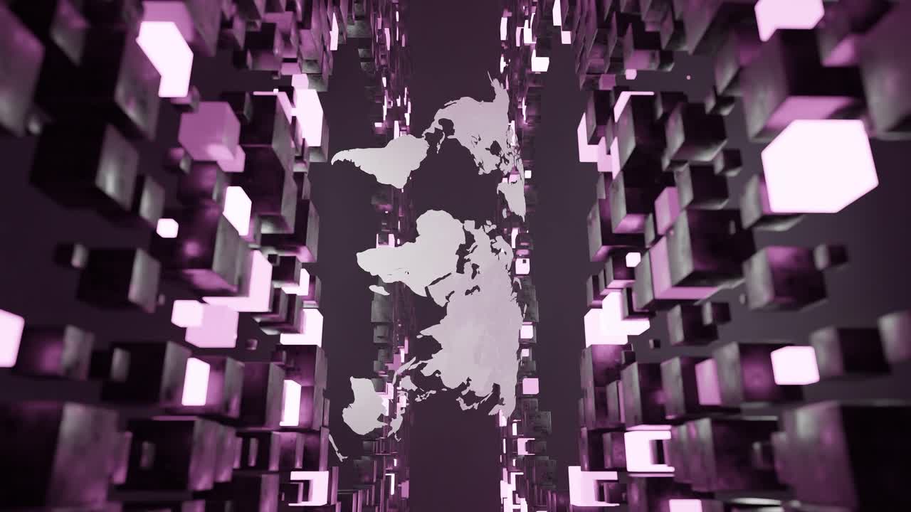 Digital world map surrounded by floating pink 3D cubes in virtual space. Futuristic abstract illustration. Global data network and technology concept, poster, header. vertical