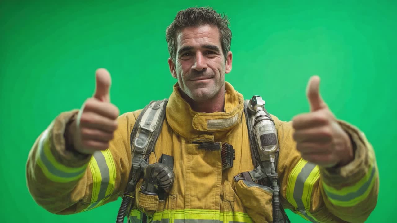 Un pompiere sicuro di sé mostra un gesto di approvazione, irradiando positività e sicurezza nel suo equipaggiamento protettivo su uno sfondo verde brillante