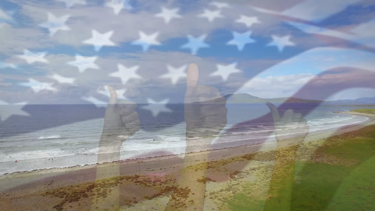 animación de la bandera de los estados unidos ondeando sobre el paisaje de la playa