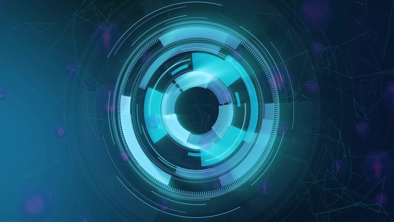 Central cyan ring appearing HUD forming rings, rotating panels, orbiting purple icons, showing data