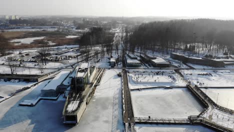 Aerial-view-on-lake-coast-during-winter-time