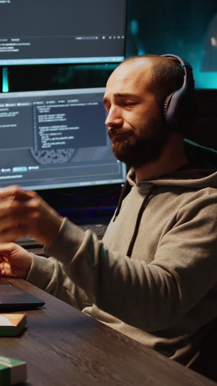 Vertical video: Programming engineer taking vitamins and pills in box