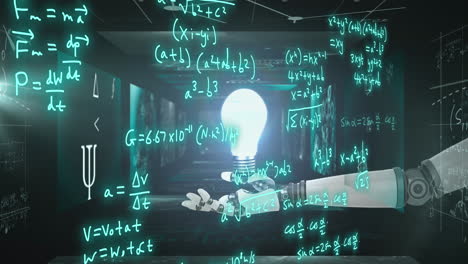 animación del brazo del robot, fórmulas matemáticas y procesamiento de datos científicos sobre un fondo gris.