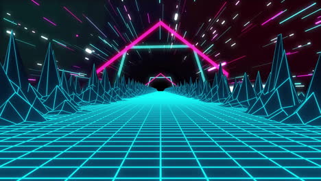 Animation-Eines-Videospielbildschirms-Mit-Neonmuster-Auf-Schwarzem-Hintergrund