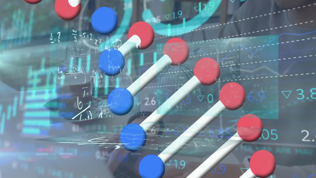 Animation of mathematical equations and dna strand over man using laptop