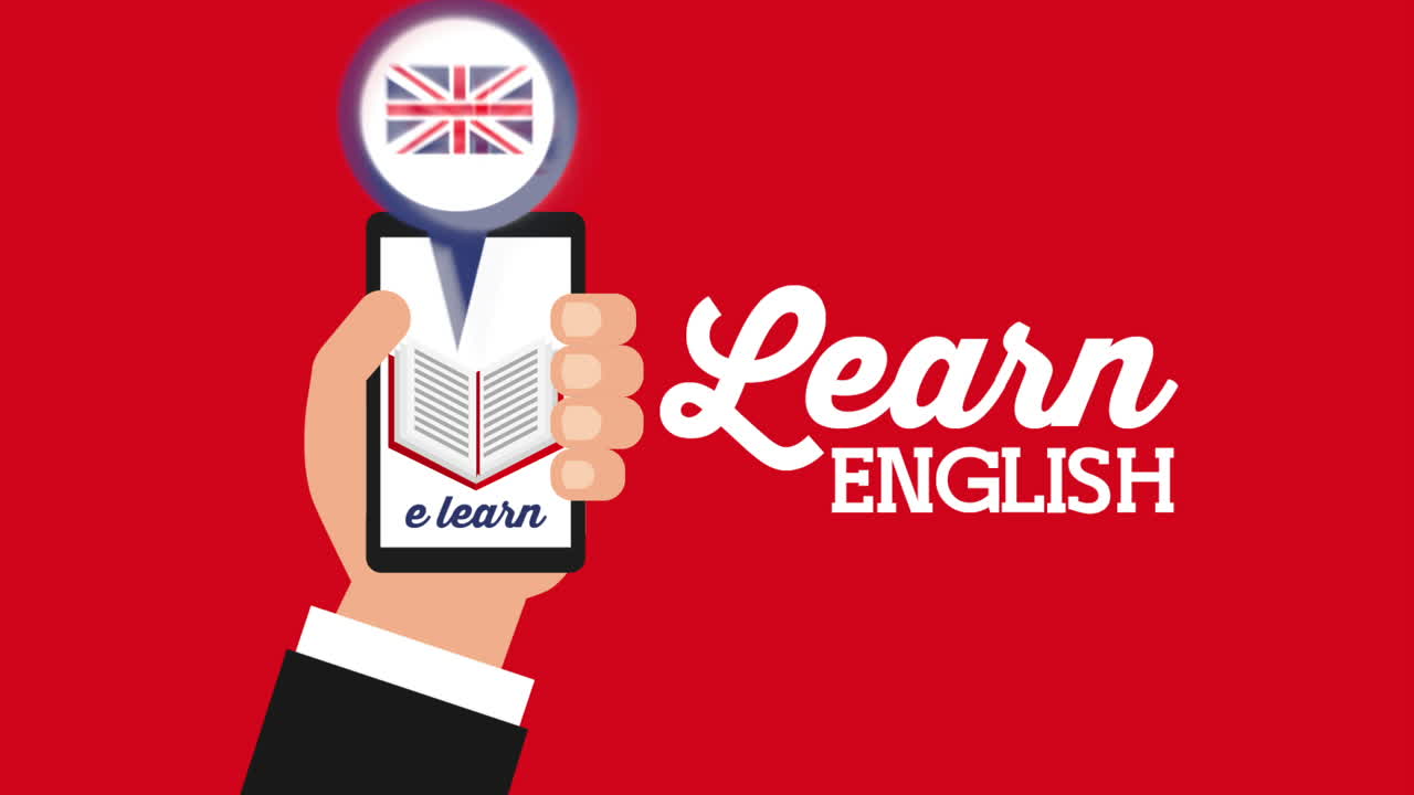 mano con teléfono inteligente y bandera británica aprender animación en inglés