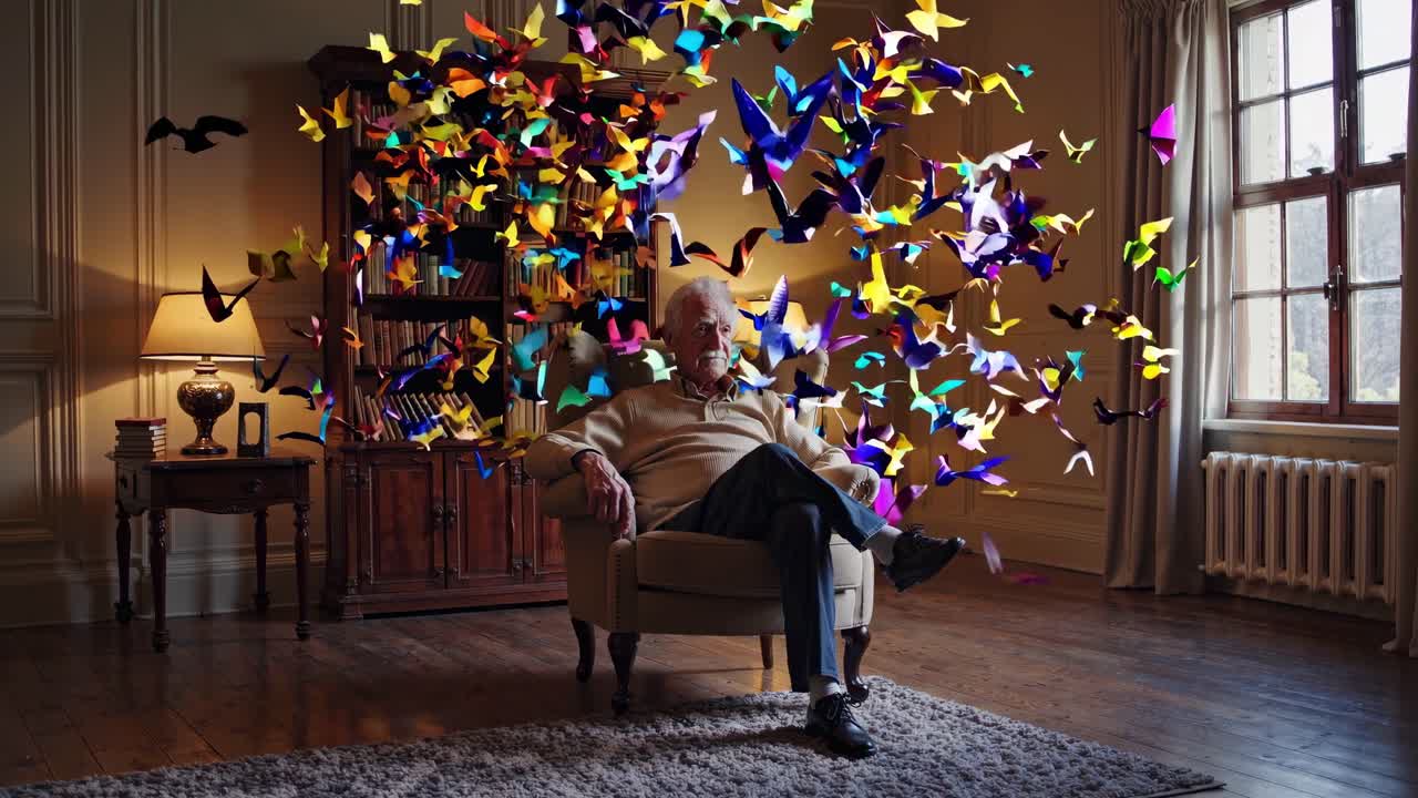 Elderly man is sitting in an armchair in his living room, surrounded by colorful origami birds flying around him, creating a surreal and dreamlike atmosphere