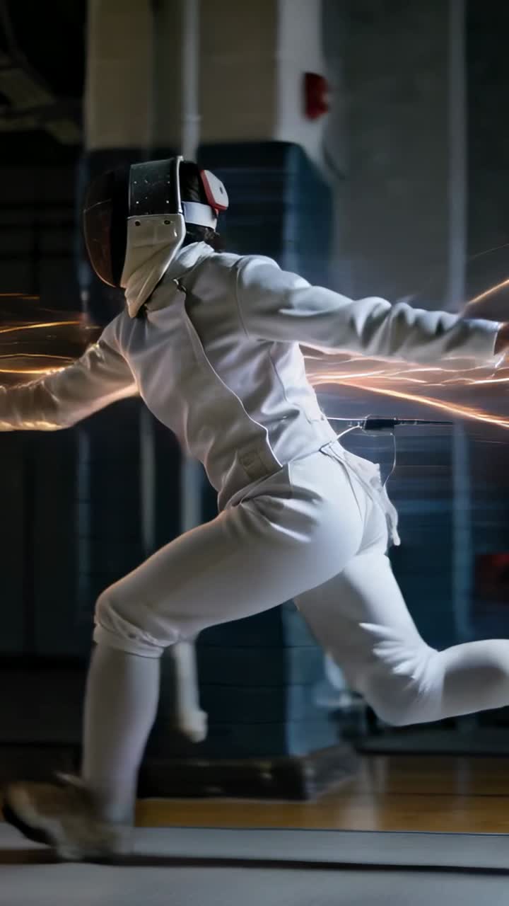 Vertical video: Starting sprint masked fencer lunging for point across gym cord trailing gold trail